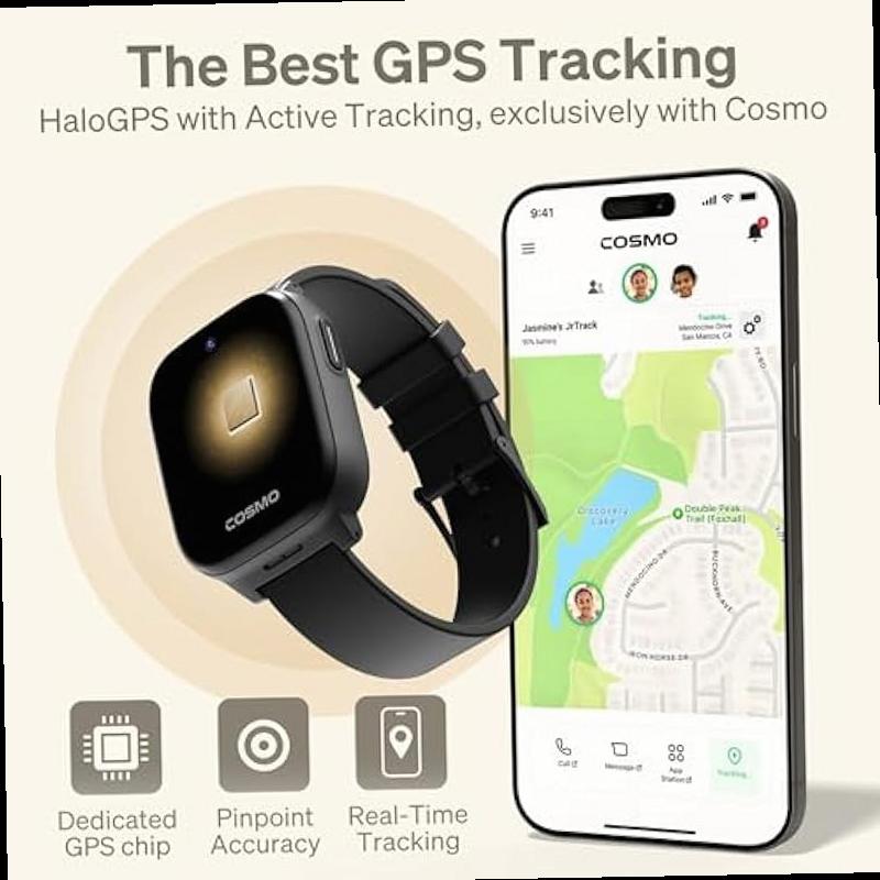 JrTrack 5 Kids Smart Watch by Cosmo Best Kid Safe Phone Watch Precision Real Time GPS Tracking Call Text Activity School Settings Spotify Music Parental Controls SOS Safety Alerts