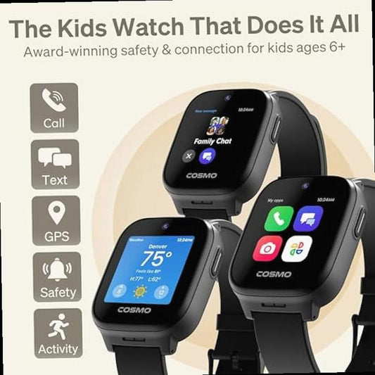 JrTrack 5 Kids Smart Watch by Cosmo Best Kid Safe Phone Watch Precision Real Time GPS Tracking Call Text Activity School Settings Spotify Music Parental Controls SOS Safety Alerts