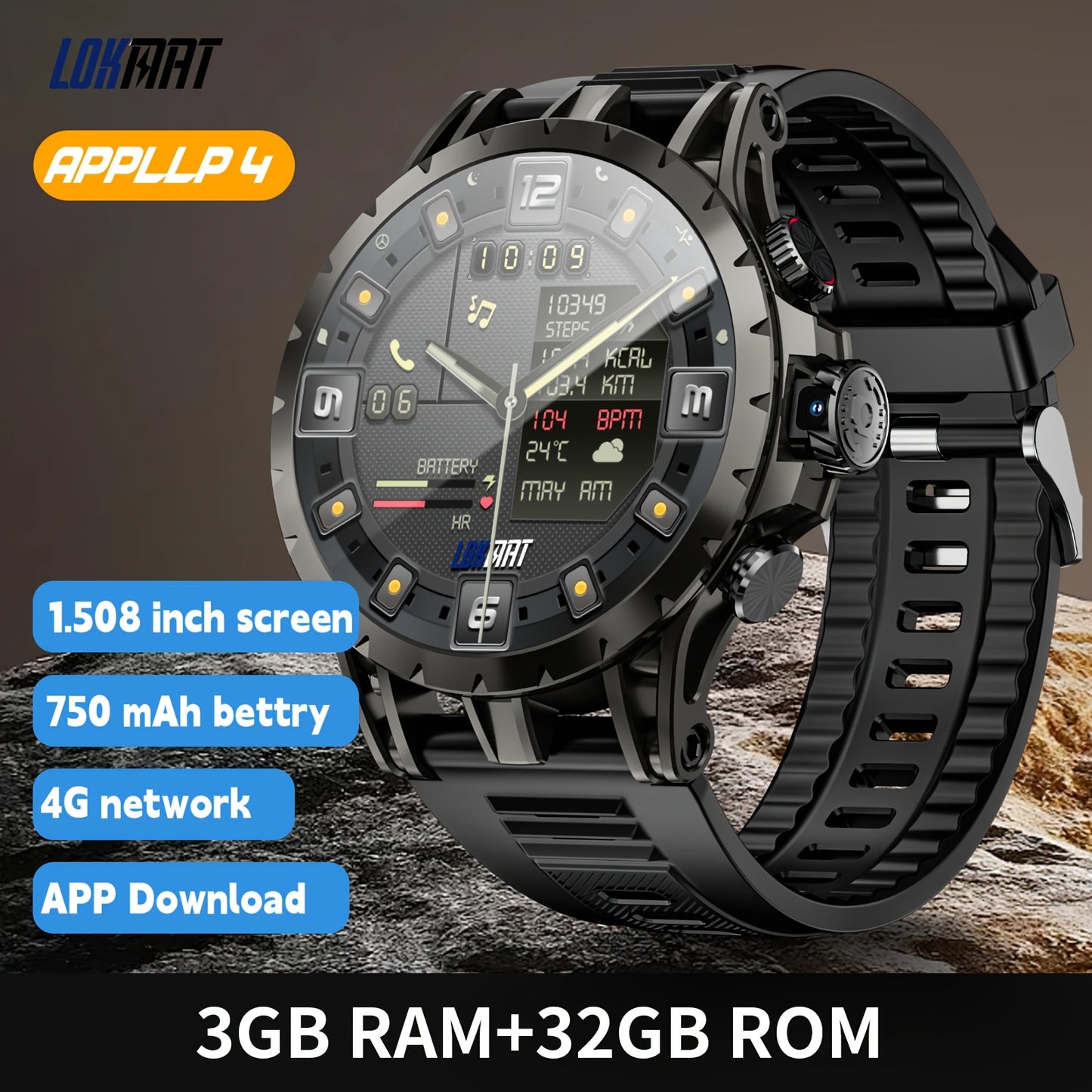 LOKMAT APPLLP 4 Android Smart Watch With Rotating Camera, Round AMOLED Touch Display 4G Network Smart Band