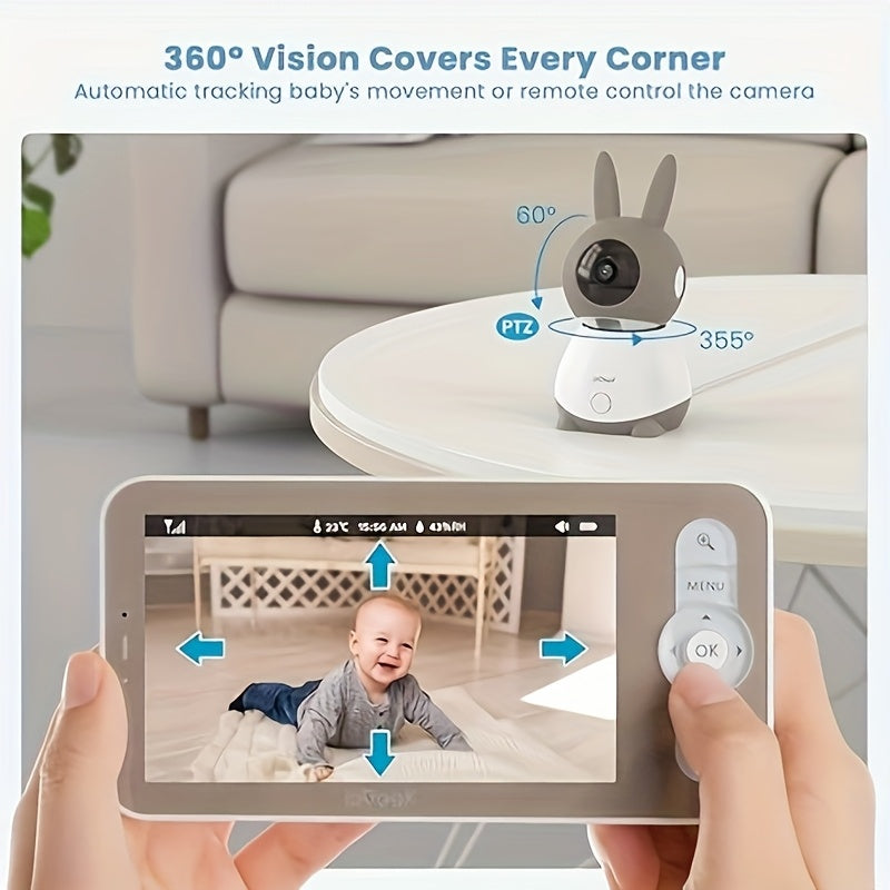 5'' LCD Screen, Baby Monitor, 2k Resolution, Brown, App Control, Indoor Wireless Security Camera, Indoor Pan-Tilt-Zoom Video Baby Monitor Camera, Night Vision, Cry And Motion Detection, Temperature And Humidity Sensors, Two-Way Audio