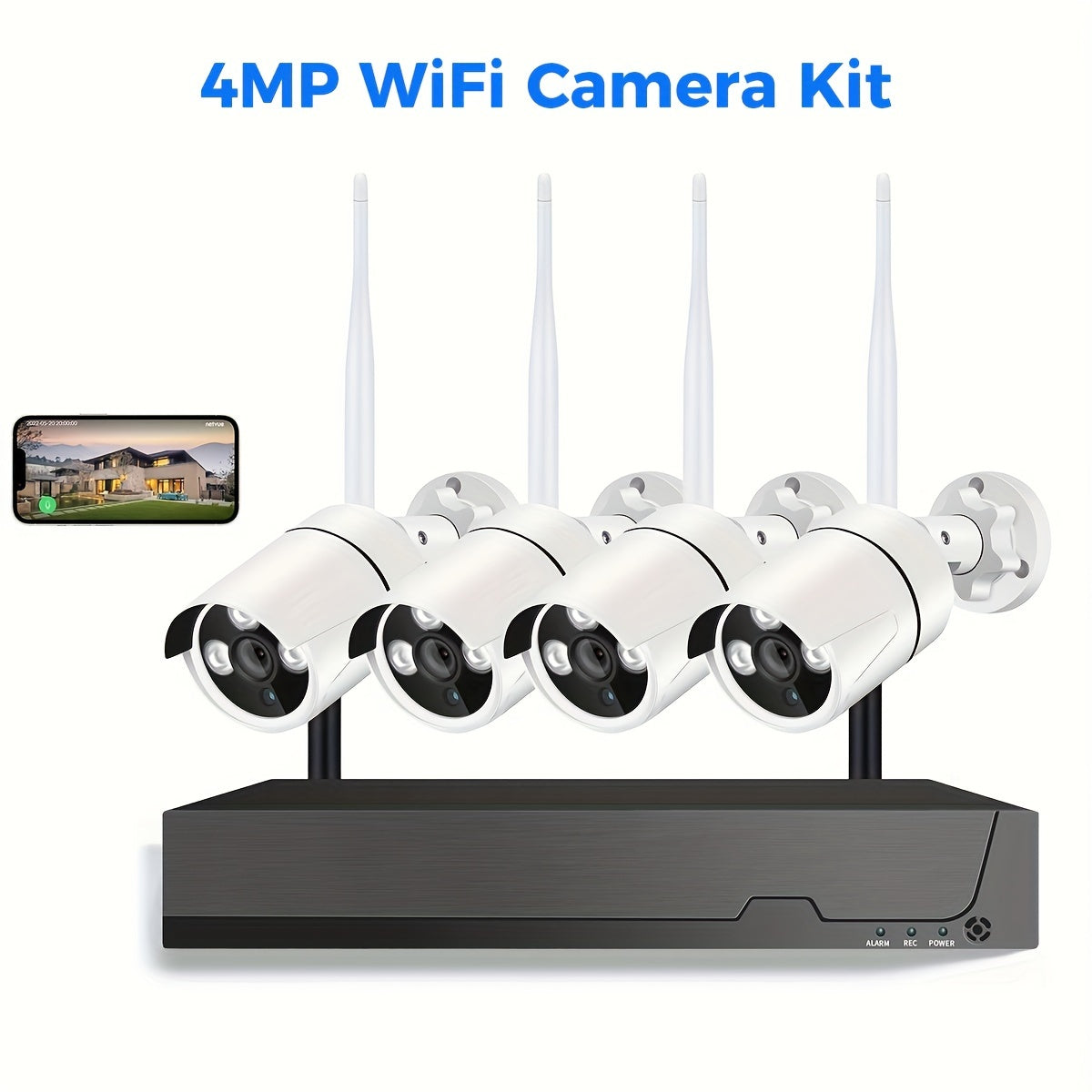4CH 4MP HD Wireless Security Camera System, 4pcs 4MP Cameras And 1pc 4CH NVR, Indoor And Outdoor, With Bidirectional Audio, Lighting, And Sound Alarm