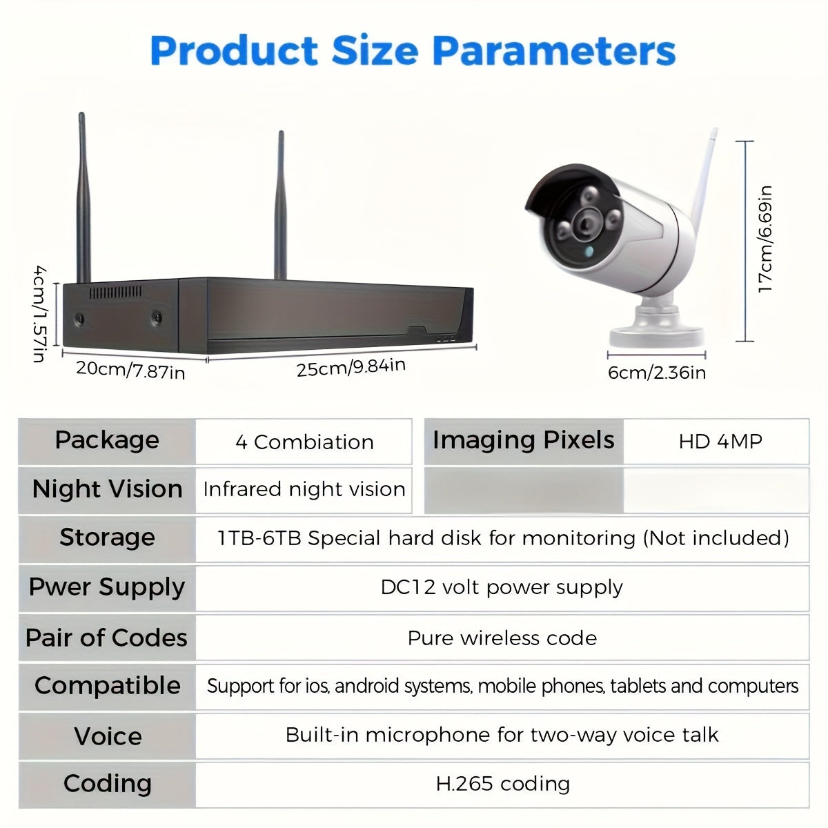 4CH 4MP HD Wireless Security Camera System, 4pcs 4MP Cameras And 1pc 4CH NVR, Indoor And Outdoor, With Bidirectional Audio, Lighting, And Sound Alarm
