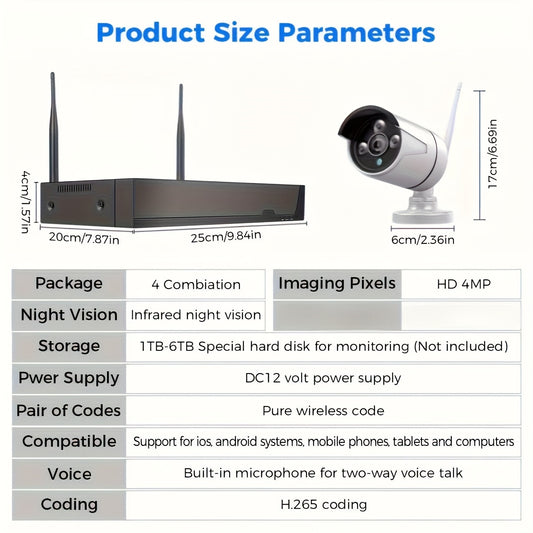 4CH 4MP HD Wireless Security Camera System, 4pcs 4MP Cameras And 1pc 4CH NVR, Indoor And Outdoor, With Bidirectional Audio, Lighting, And Sound Alarm