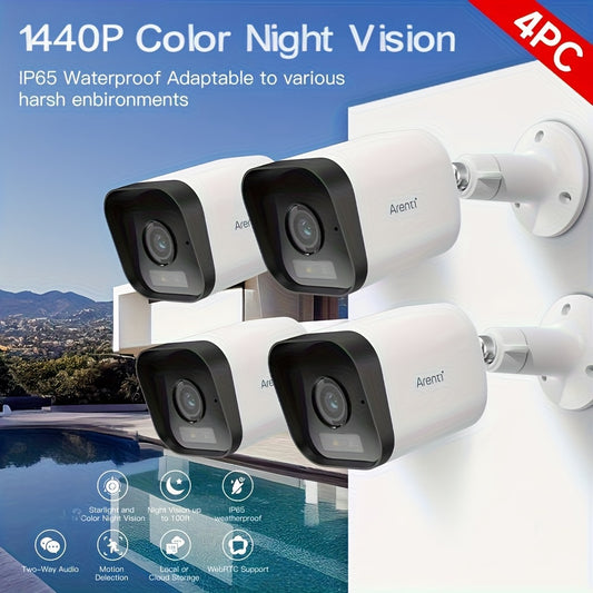 Arenti 4pcs 1440P QHD, 4MP QHD Outdoor Security Camera Color Night Vision, For Home Security Cameras Full-Color Night Vision, Spotlight & Siren, 2-Way Audio, 2, 4GHz WiFi, IP65 Waterproof Motion Decection Camera Local Or Cloud Storage For Outdoors