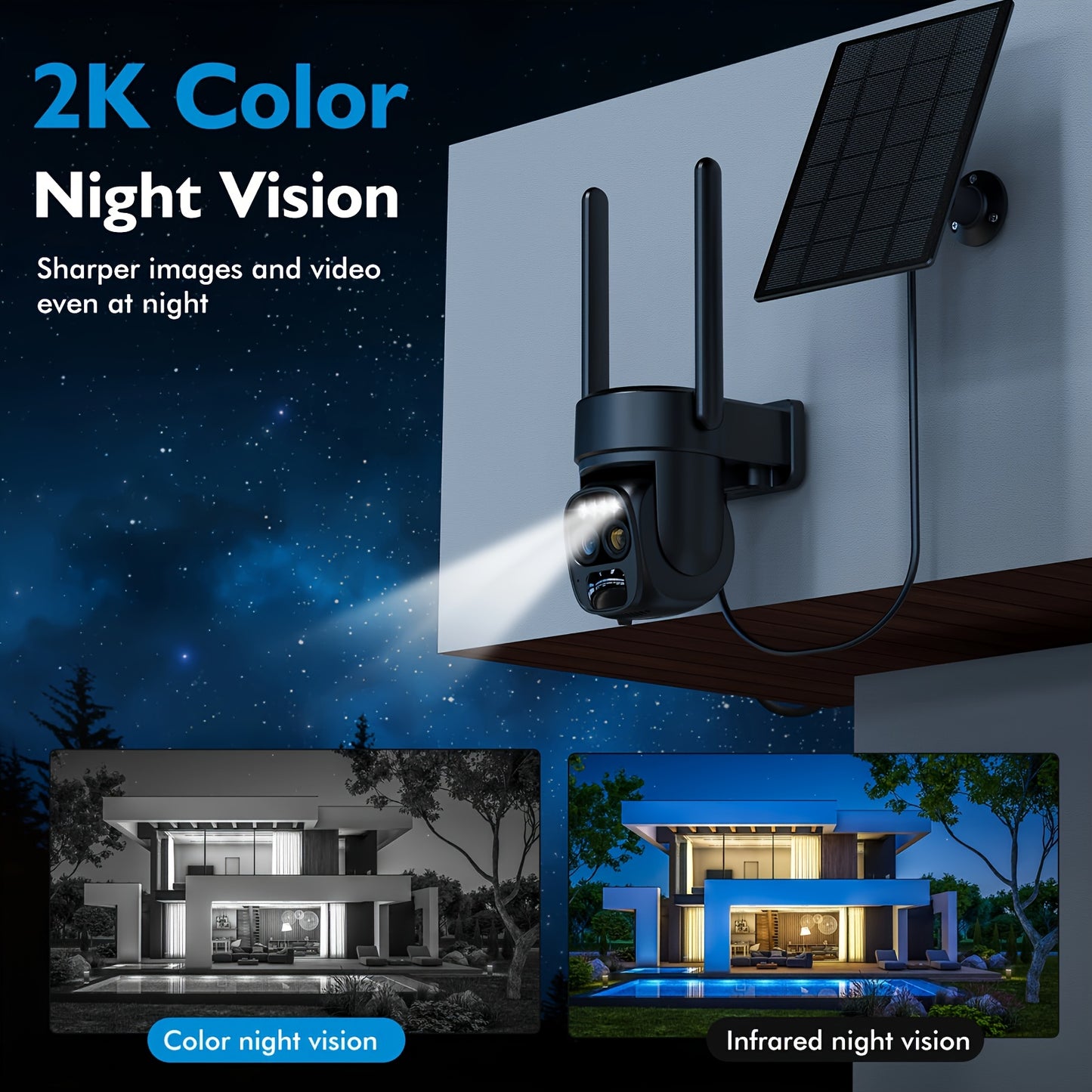 Hawkray 10x Zoom 360-degree Low-power Cctv Solar Panel Battery 2K FHD WiFi Camrea With Spotlight Alarm, Motion Detection, Color Night Vision, Two-way Audio And
