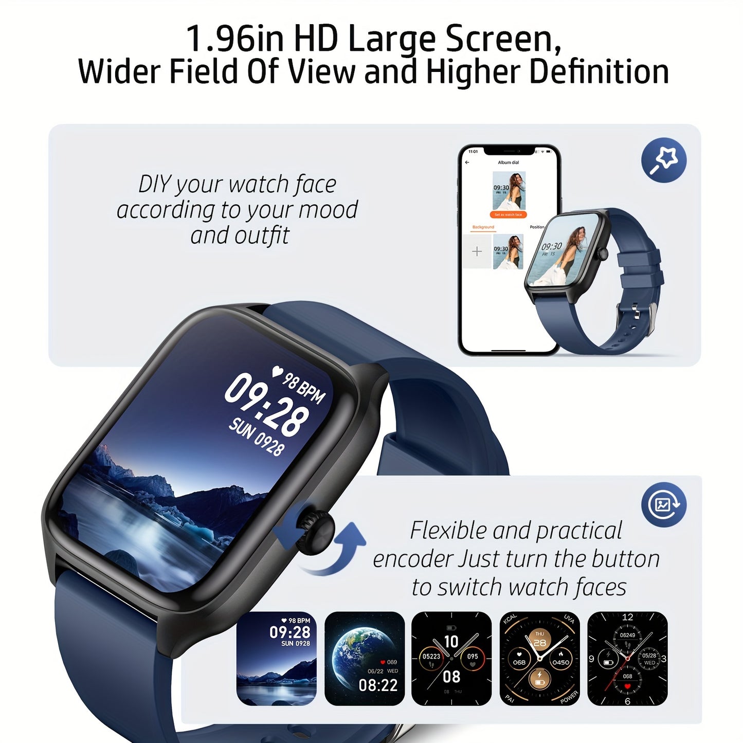 Smart Watch For Men Women, 1.96 Inch Full Touch Screen Smartwatch With Text And Call Capabilities, For Android\u002FIPhone, Fitness Tracking Watch, Exercise Mode, Pedometer, Distance, Calories, 100+ Exercise Modes