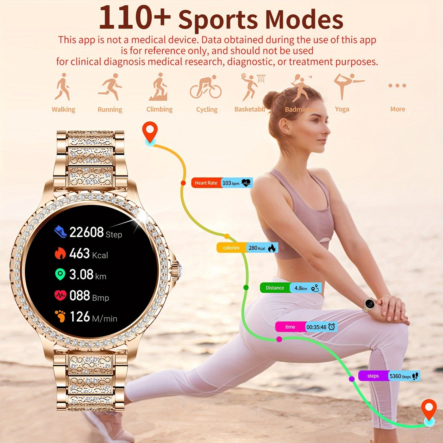 Smart Choice For Fashionable Ladies, Multifunctional Sports Watch, Weather Insight, Alarm Clock Companionship, Music Accompaniment, Photography Remote Control, Message Reminder, Precise Sports Tracking