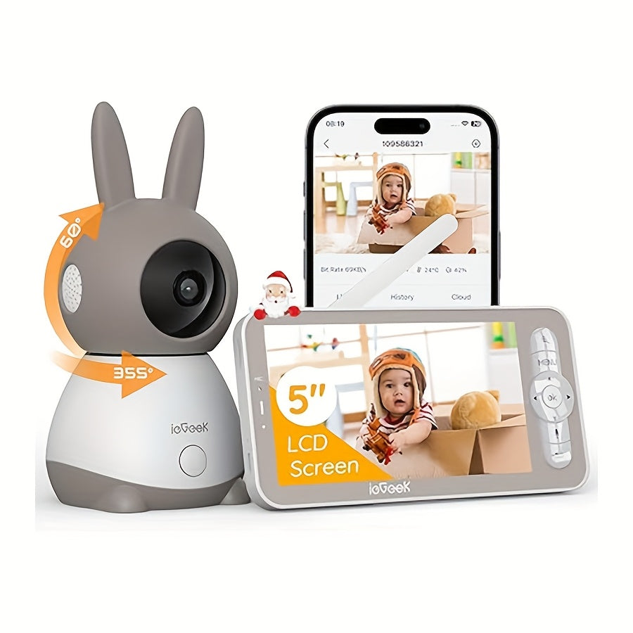 5'' LCD Screen, Baby Monitor, 2k Resolution, Brown, App Control, Indoor Wireless Security Camera, Indoor Pan-Tilt-Zoom Video Baby Monitor Camera, Night Vision, Cry And Motion Detection, Temperature And Humidity Sensors, Two-Way Audio