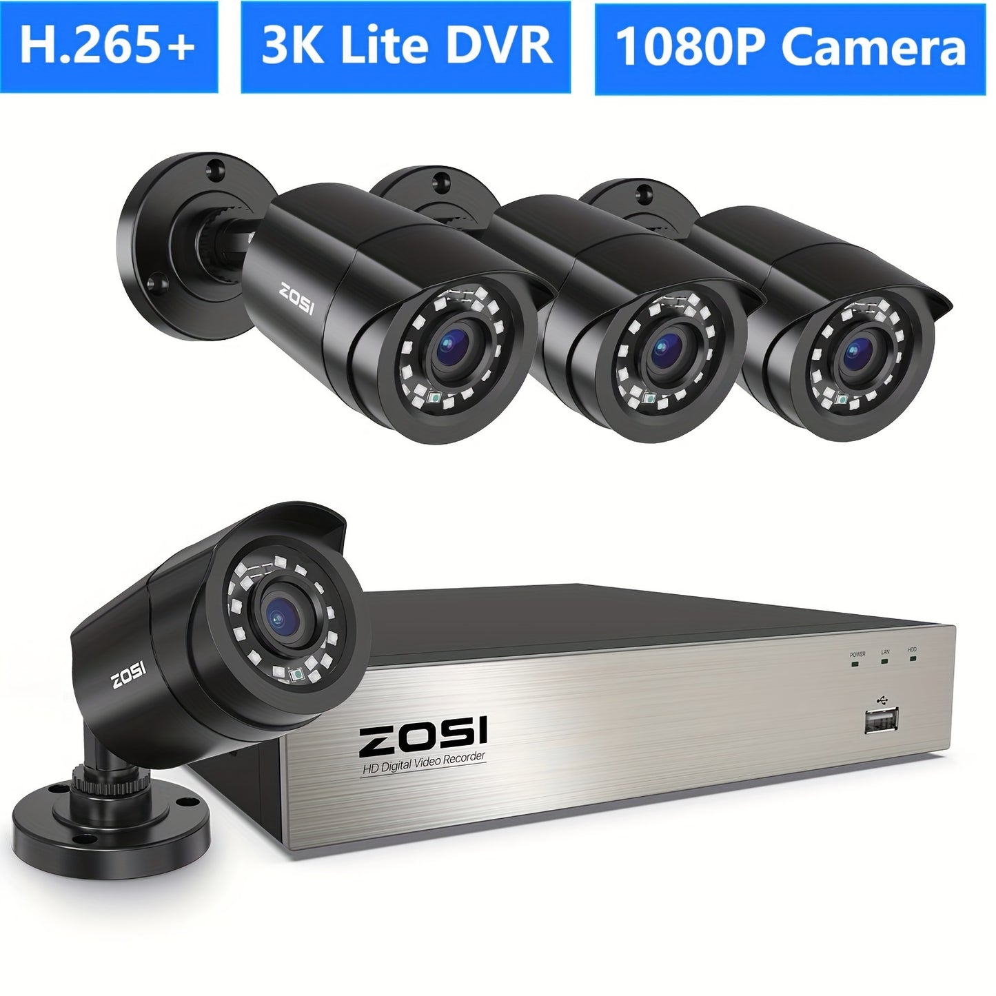 ZOSI 8CH 5MP Lite Security Camera System - AI Human & Vehicle Detection, 4x 1080P HD Cameras, H.265+ Compression for Clear Night Vision, Email Alerts with Snapshots (No Hard Drive Included)