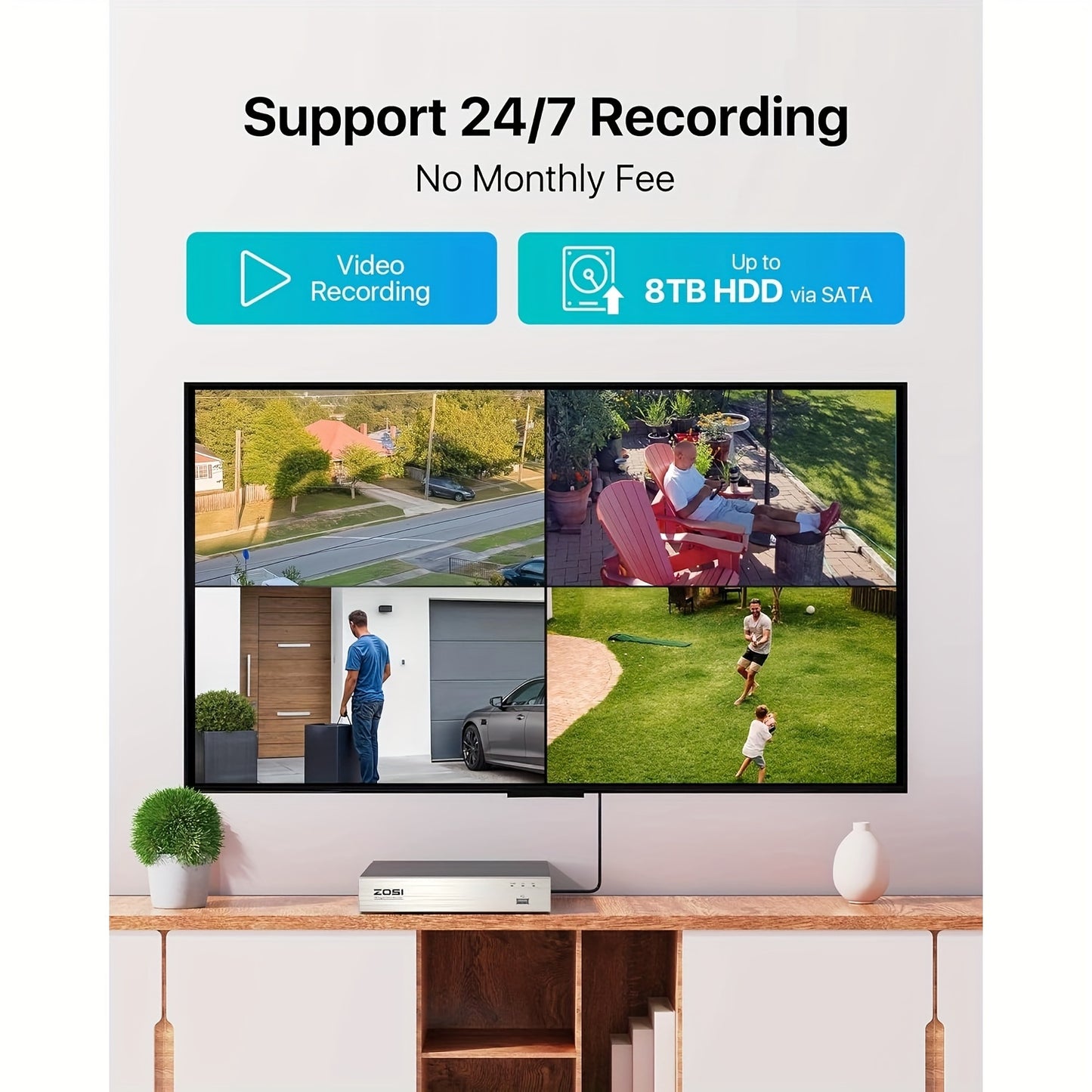 ZOSI 8CH 5MP Lite Security Camera System - AI Human & Vehicle Detection, 4x 1080P HD Cameras, H.265+ Compression for Clear Night Vision, Email Alerts with Snapshots (No Hard Drive Included)