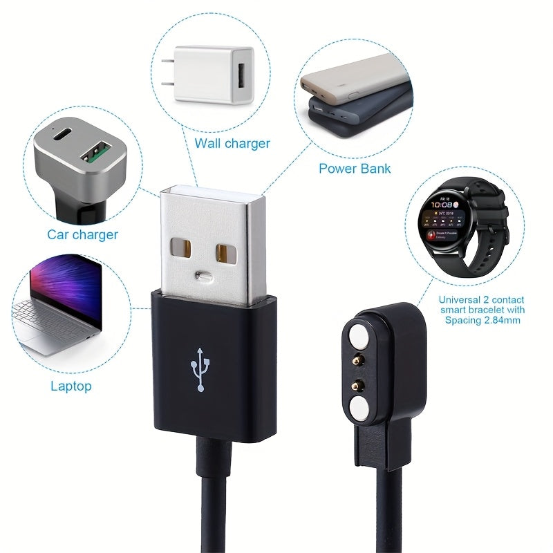 2 Pack Smart Watch Charger Cable, 2 Pin 2.84mm Magnetic Suction USB Charging Cable For Smart Watch