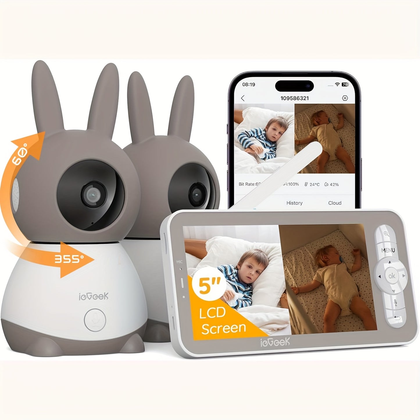 5'' LCD Screen, Baby Monitor, 2k Resolution, Brown, App Control, Indoor Wireless Security Camera, Indoor Pan-Tilt-Zoom Video Baby Monitor Camera, Night Vision, Cry And Motion Detection, Temperature And Humidity Sensors, Two-Way Audio