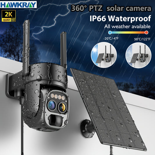 Hawkray 10x Zoom 360-degree Low-power Cctv Solar Panel Battery 2K FHD WiFi Camrea With Spotlight Alarm, Motion Detection, Color Night Vision, Two-way Audio And
