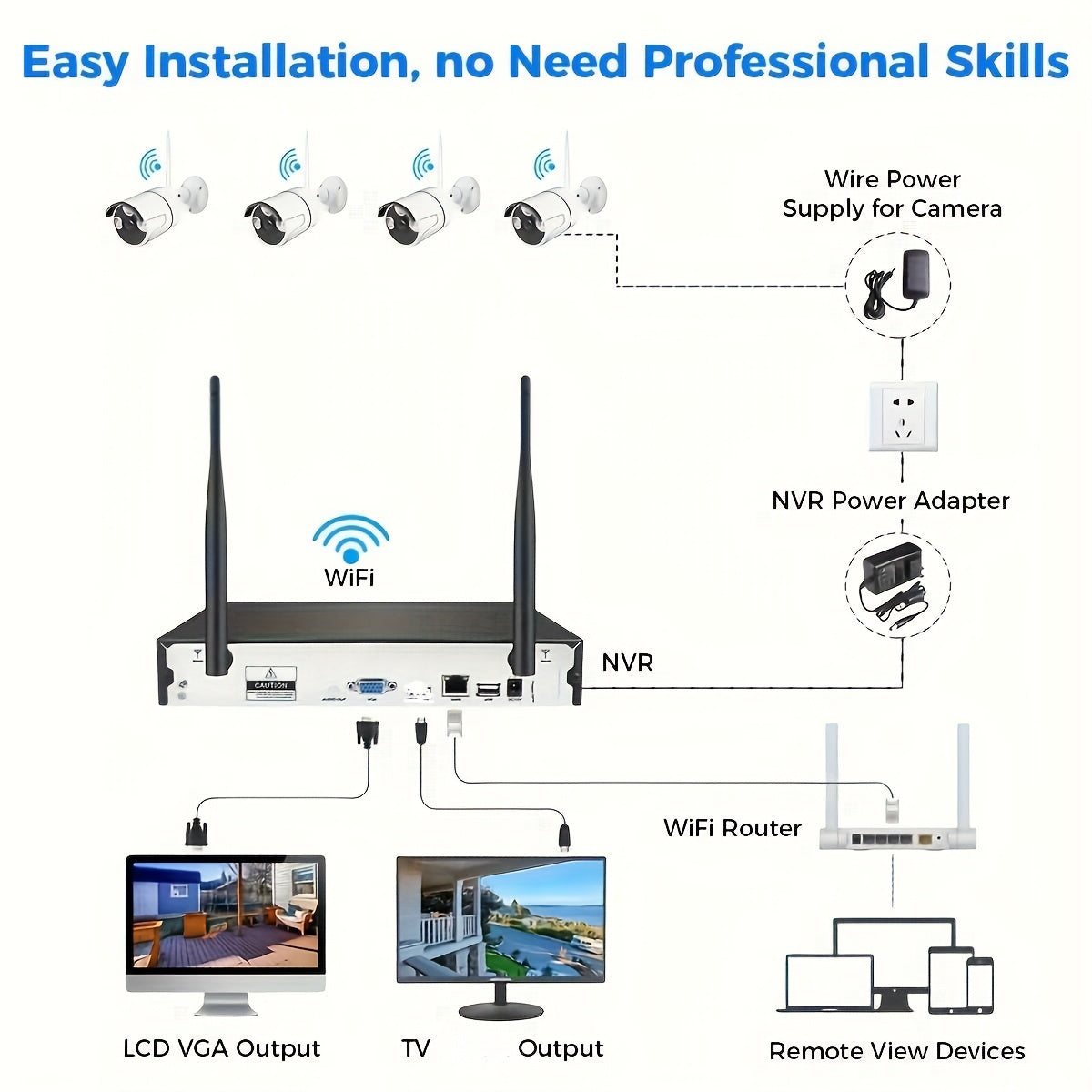 4CH 4MP HD Wireless Security Camera System, 4pcs 4MP Cameras And 1pc 4CH NVR, Indoor And Outdoor, With Bidirectional Audio, Lighting, And Sound Alarm