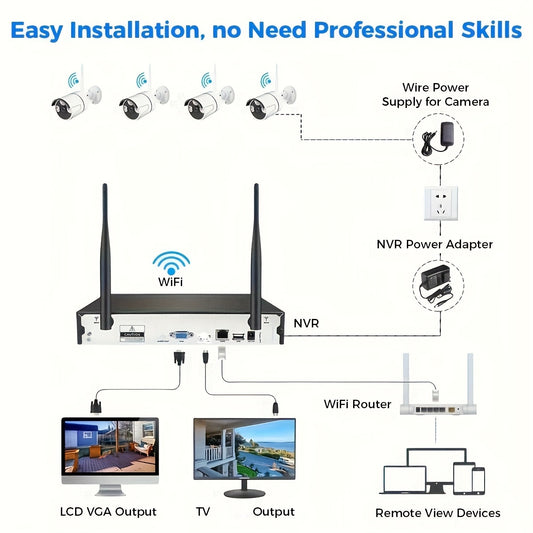 4CH 4MP HD Wireless Security Camera System, 4pcs 4MP Cameras And 1pc 4CH NVR, Indoor And Outdoor, With Bidirectional Audio, Lighting, And Sound Alarm