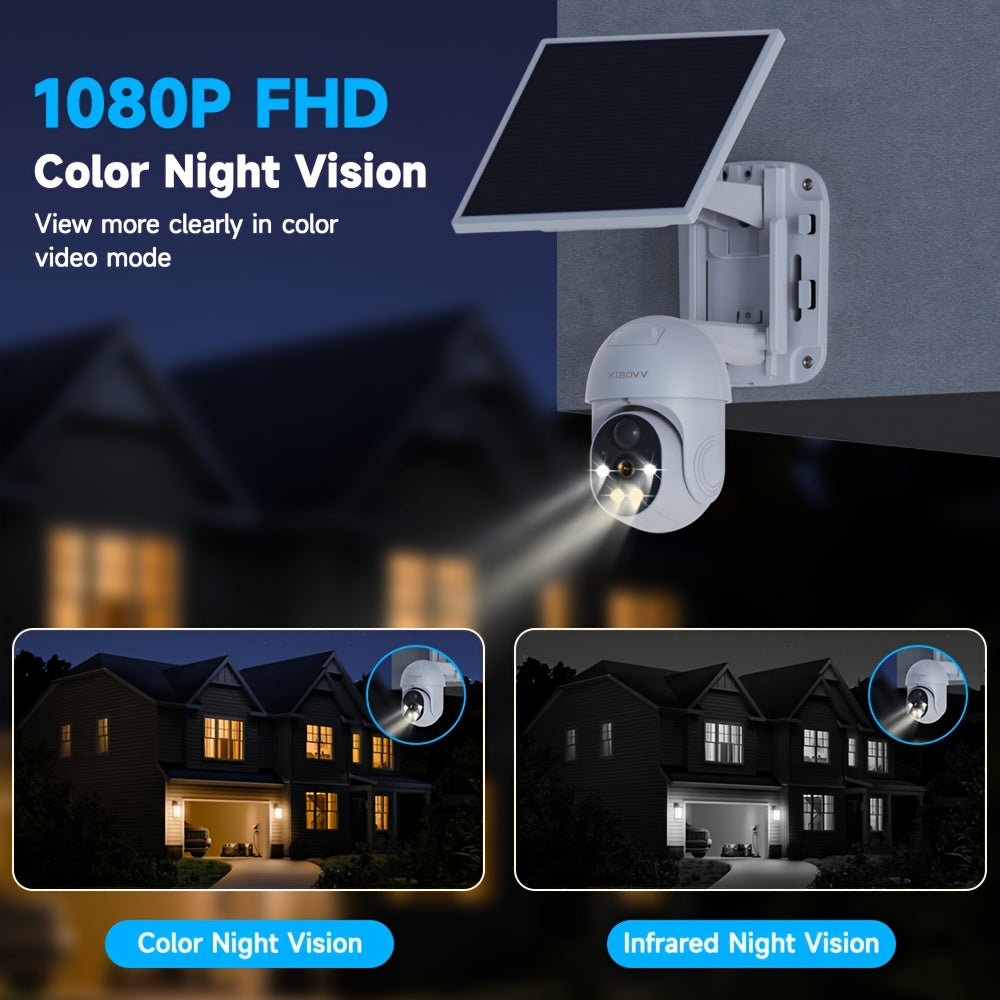 XIAOVV P6 1080p WiFi Wireless Solar Security Camera 360 Degree PTZ Battery Powered Home Surveillance Camera With Motion Detection, Color Night Vision, Two-way Audio