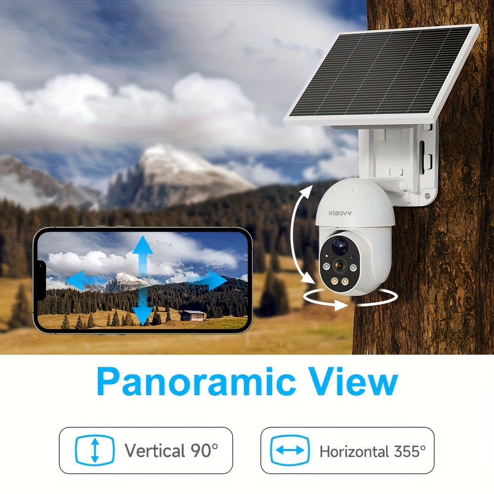 XIAOVV P6 1080p WiFi Wireless Solar Security Camera 360 Degree PTZ Battery Powered Home Surveillance Camera With Motion Detection, Color Night Vision, Two-way Audio
