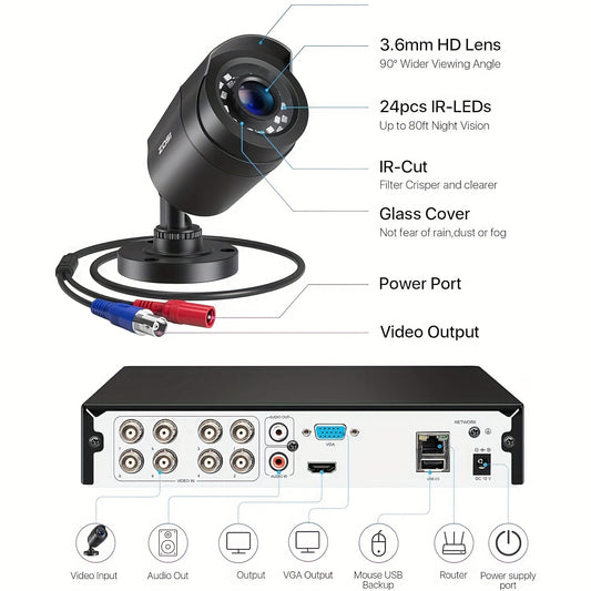 ZOSI 8CH 5MP Lite Security Camera System - AI Human & Vehicle Detection, 4x 1080P HD Cameras, H.265+ Compression for Clear Night Vision, Email Alerts with Snapshots (No Hard Drive Included)